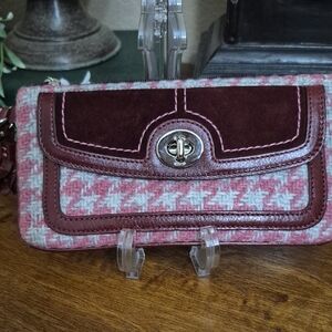 Coach Maroon and Pink Houndstooth Wristlet